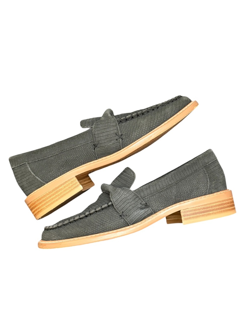 FREE PEOPLE - DARK GREY SUEDE EXTERIOR WITH BROWN WOODEN HEELS “BEDFORD” LOAFERS - Picture 4 of 9